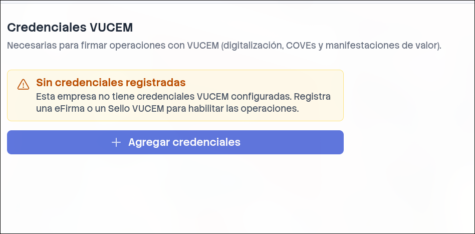 Pantalla de carga de credenciales VUCEM