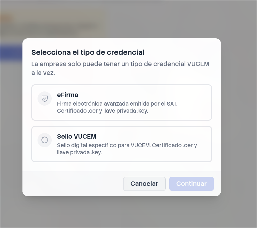 Selección de tipo de credencial: Sello Digital VUCEM o E-firma