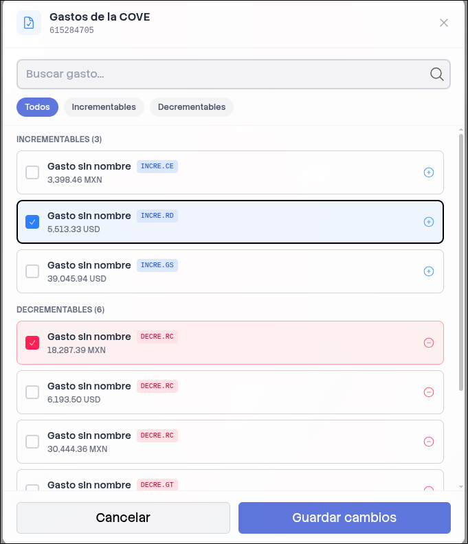 Modal de asignación de gastos incrementables y decrementables